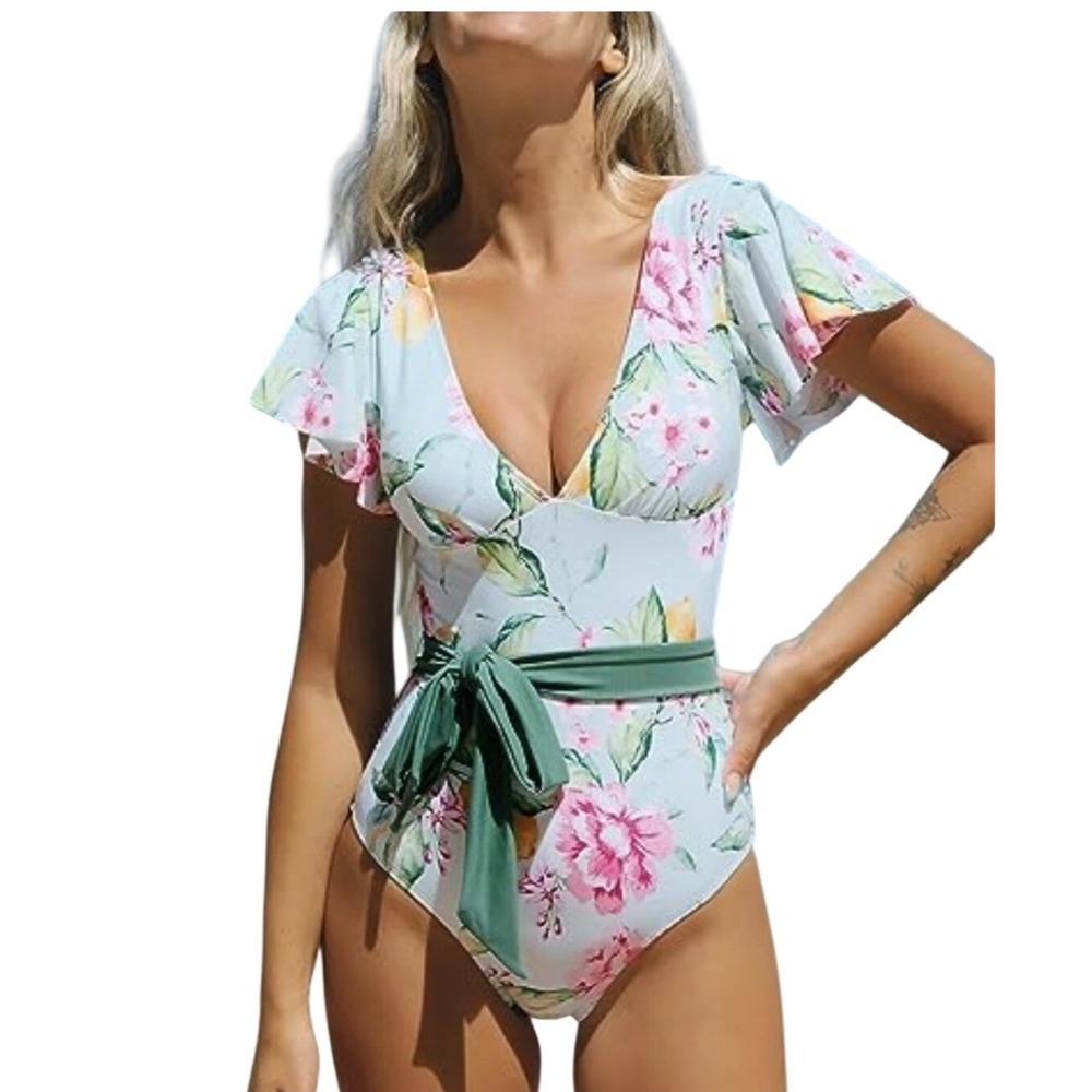 NWT Cupshe Floral Teal Pink Yellow Lemon Green Tie Waist One Piece Swim Medium